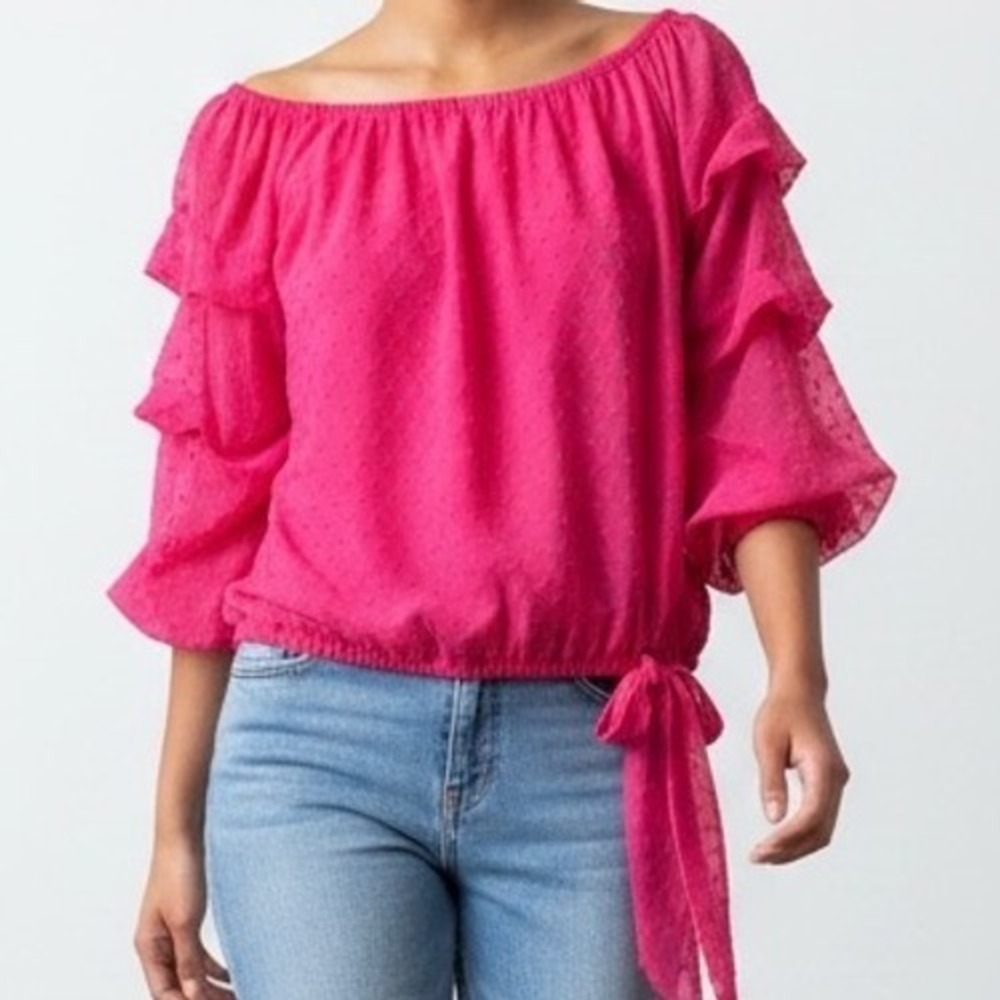 CeCe Hot Pink Swiss Dot Ruffle Sleeve Side Tie Blouse barbiecore‎ romantic party